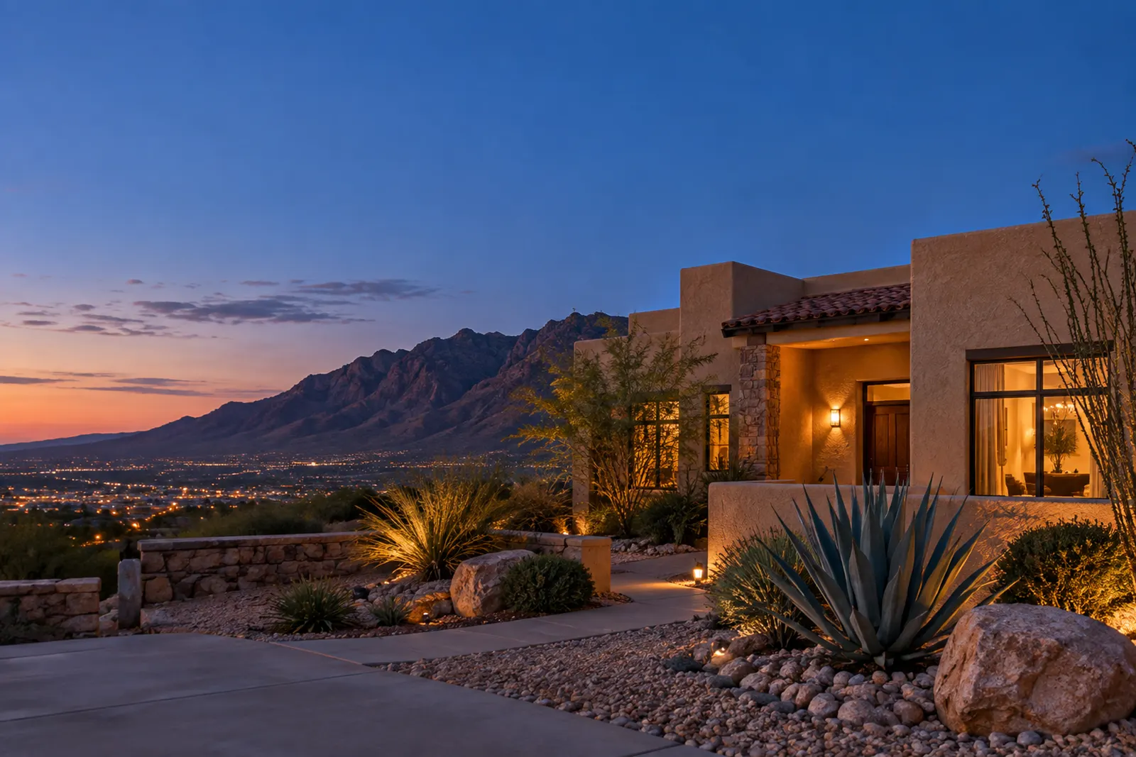 Stucco home in El Paso at blue hour with the Franklin Mountains behind