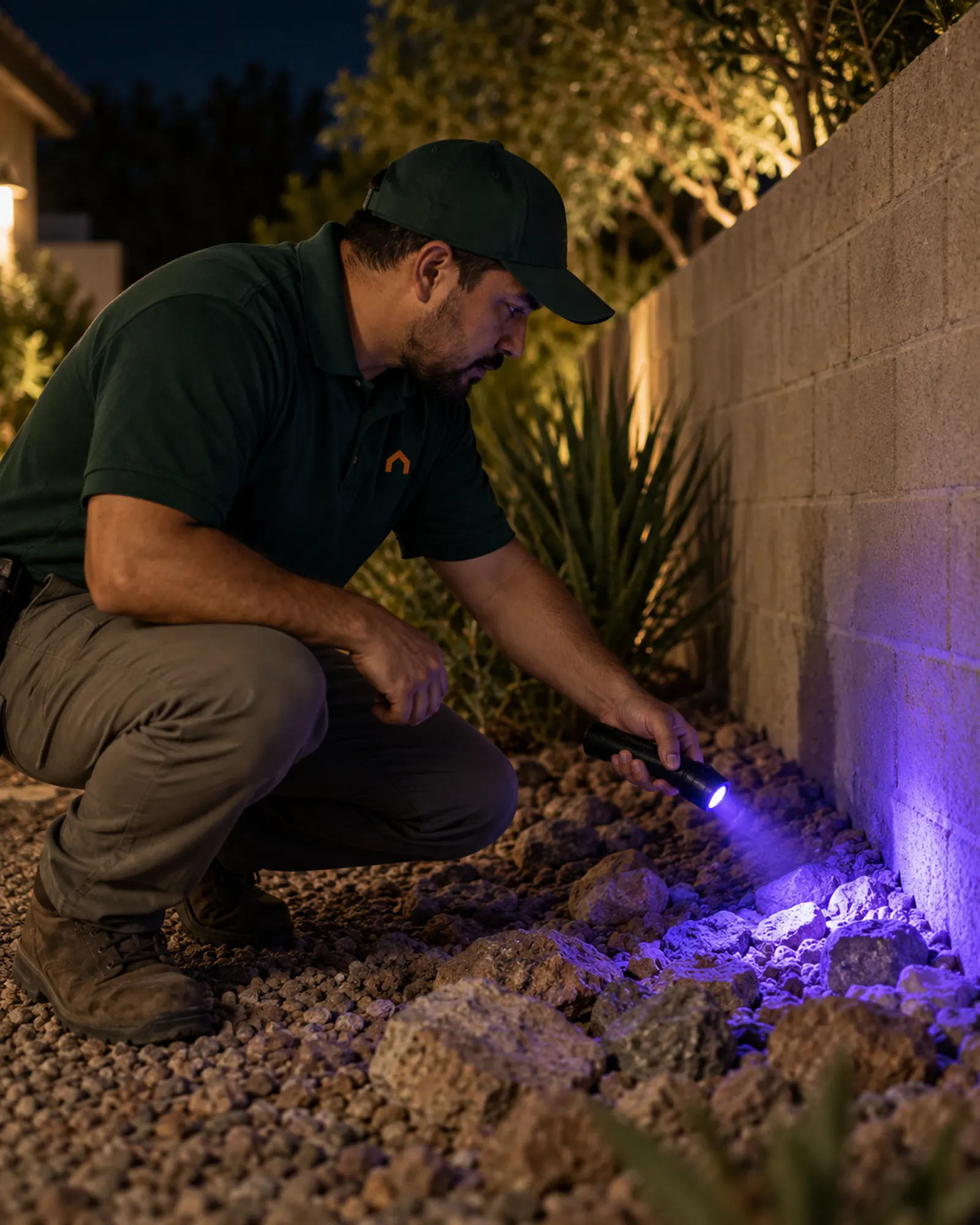 ARK technician checking a block wall with a UV light at night